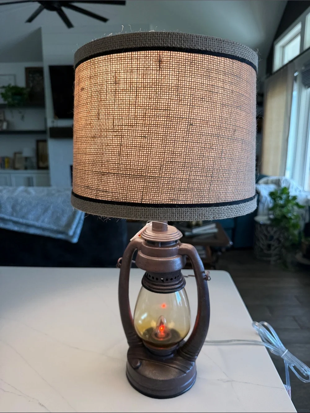 Vintage Rustic Brown Lantern Table Lamp with Beige Burlap Shade